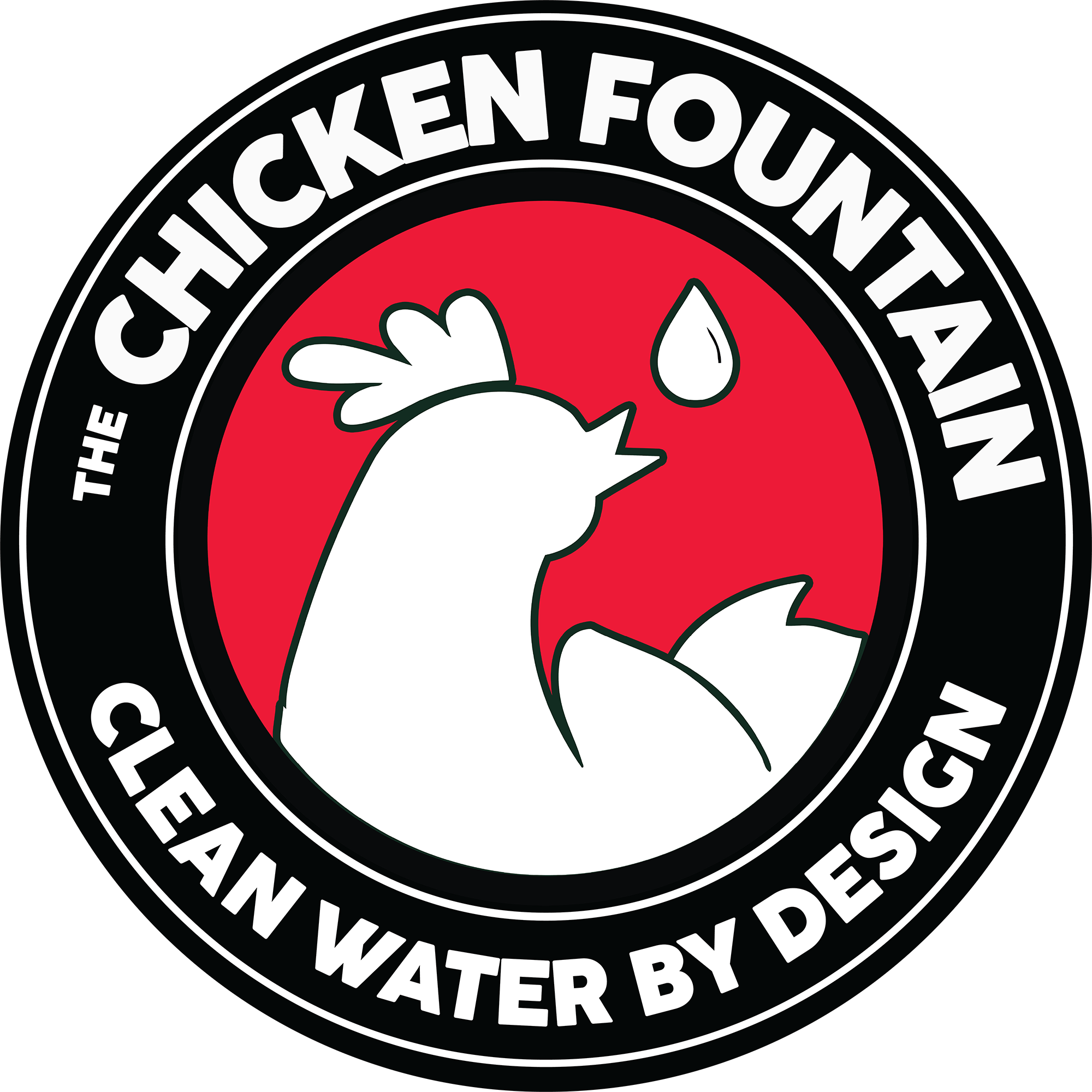 The Chicken Fountain logo featuring white chicken silhouette and water droplet with “Clean Water By Design” text.